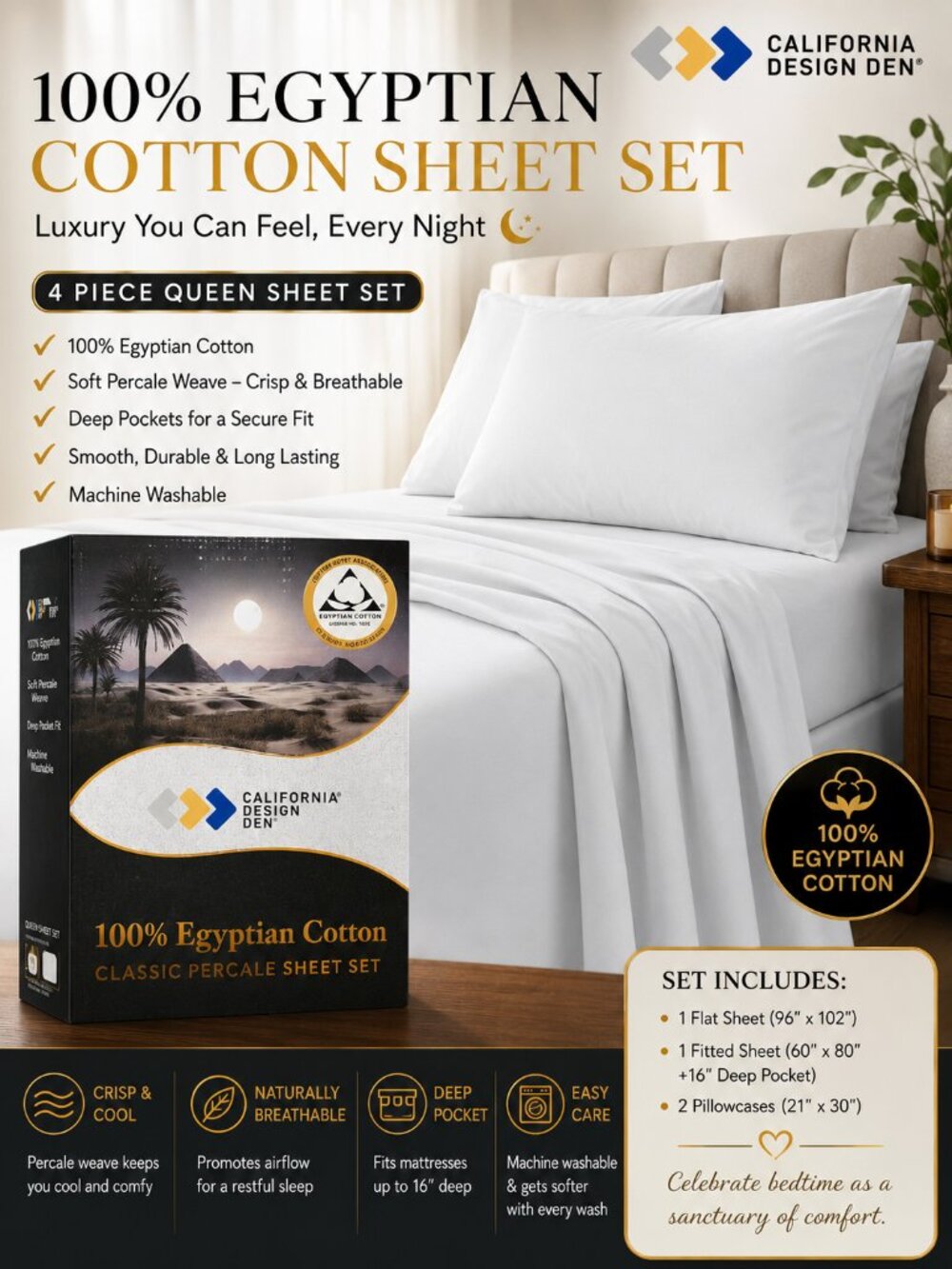Luxury 100% Egyptian Cotton Queen Sheet Set White | California Design Den Deep P